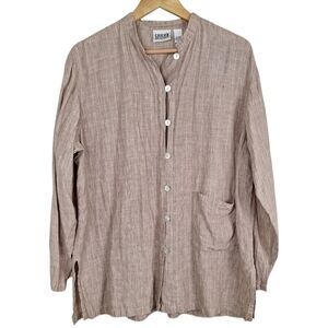 Chicos 100% Linen Light Tan Cream Gingham Button Down Longsleeve Shacket Top 2